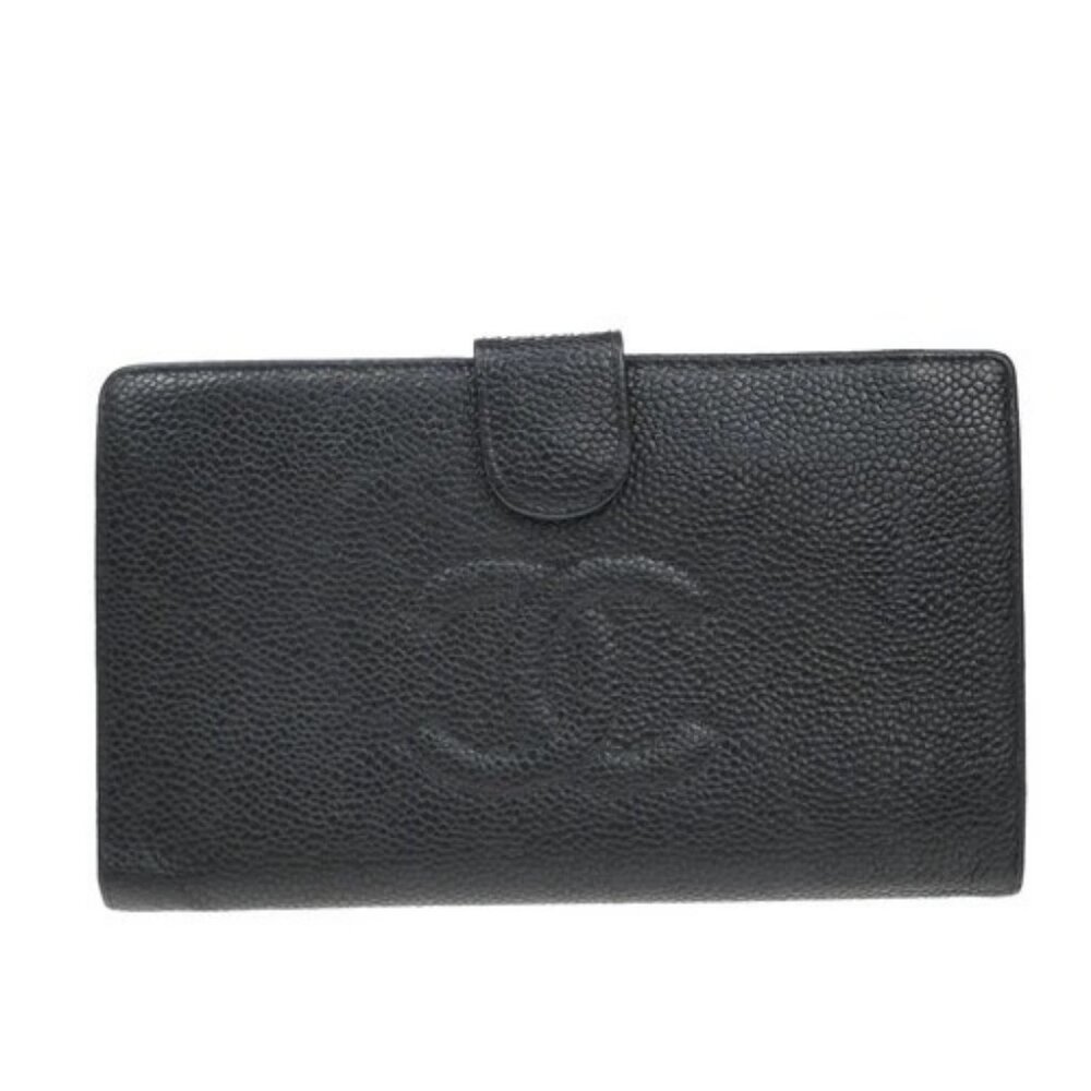 CHANEL CC Logo Long Bifold Wallet Grained Calfskin Leather Black France 79RF778